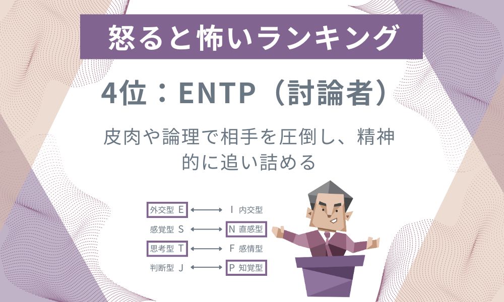 4位: ENTP - 皮肉や論理で相手を圧倒し、精神的に追い詰める